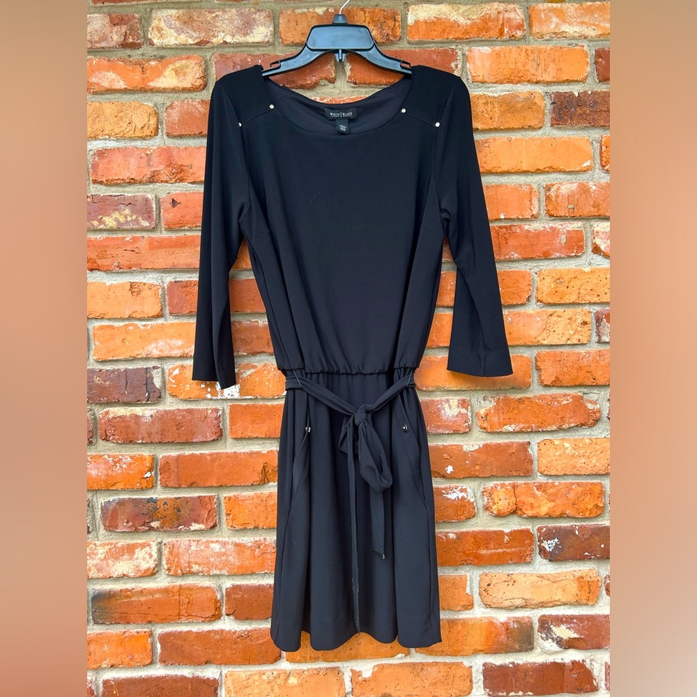 WHBM Black Stretchy Knit Belted Dress Size M Travel